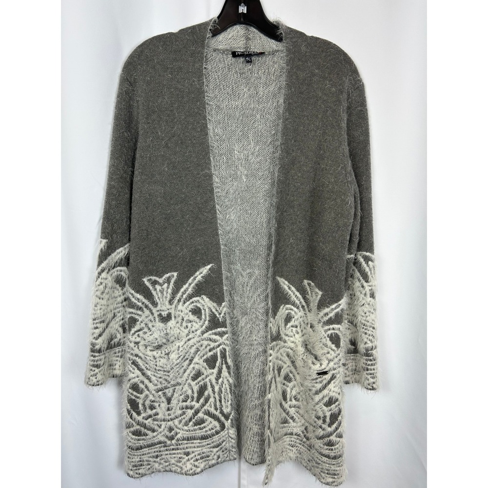 Eyelash Cardigan Picadilly Canada Grey White Fuzzy Knit‎ Open Front Sweater XS/S